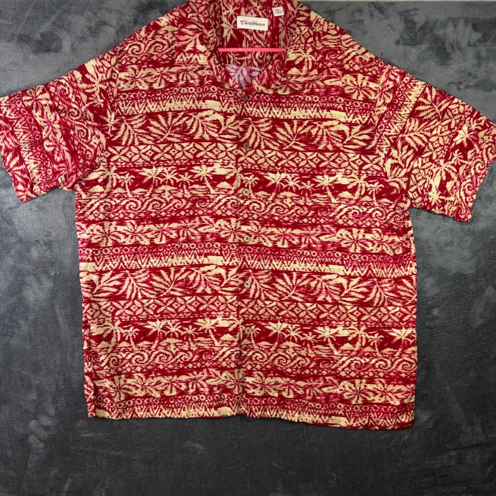 Mens XL Caribbean Button Down Shirt Red Excellent Tropical Palm Tree Rayon